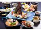 伊勢えびお造り(2人で1尾),海の幸しゃぶしゃぶ(あわび,勘八),牛ロースステーキ付和食会席