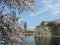 大阪城のお堀からホテルを望む。春には周辺の桜景色が広がります。