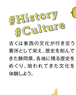 #History #Culture古くは東西の文化が行き交う要所として栄え、歴史を刻んできた静岡県。各地に残る歴史をめぐり、培われてきた文化を体験しよう。