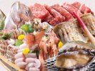 【舟盛、のどぐろ、あわび、牛ステーキ】写真の舟盛は5名様盛です