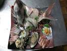 日本海魚介類プランでお刺身グレードアップ（一例：２名様盛）。鯛・平目・カンパチ・アワビなど！