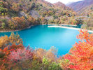 四万ブルーと秋色に染まる奥四万湖