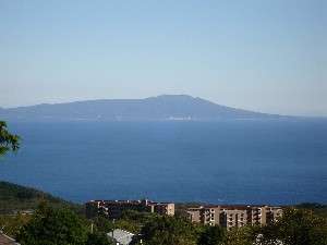 お部屋より望む伊豆大島・・右側に利島,式根島,新島,神津島,三宅島が臨めます(天候により眺めは異なります