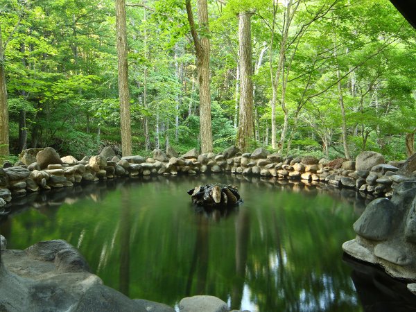 当館自慢の混浴露天風呂【仙郷の湯】。19時～22時は女性客限定です。