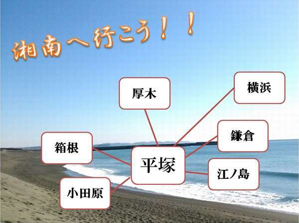 江ノ島や鎌倉と箱根の中間に位置しており、観光拠点として大変便利です。写真は平塚の海。徒歩20分ほど。
