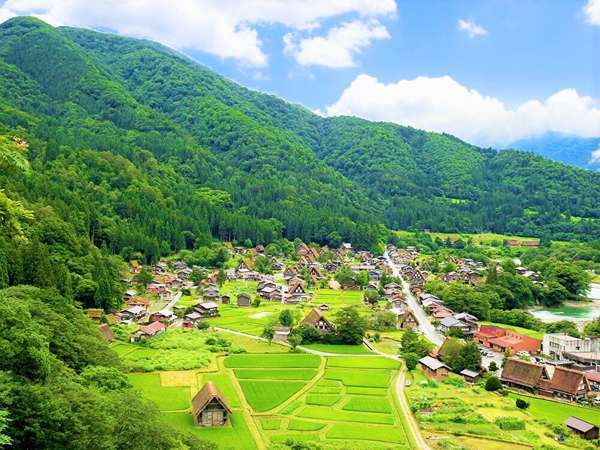 良天の緑まぶしい白川郷展望台からの景色。のどかな日本の原風景