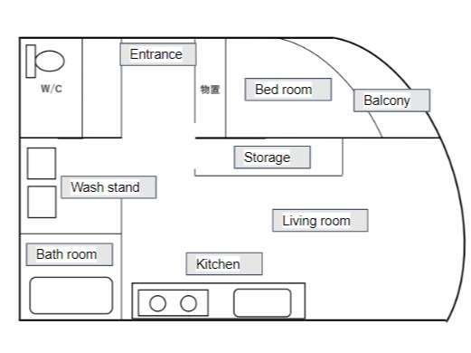 間取り図（4部屋あるうちの1部屋のものです。部屋により微妙に間取りが異なります。）