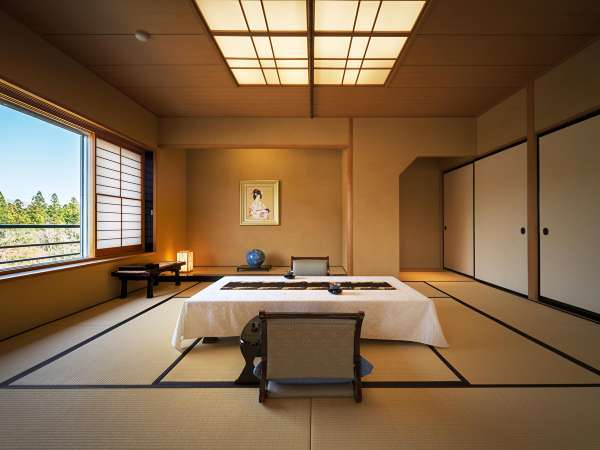 【貴賓室】清流名取川を臨む、和室12畳＋洋間ツイン＋リビングのお部屋です。最上階5階角部屋。