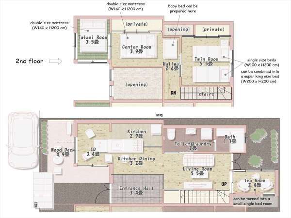 少し見にくいですが、おうち全体は2階建て75m2のこんな配置です