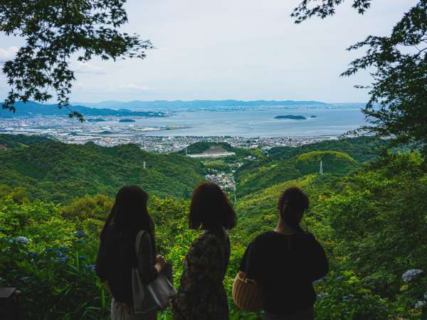 ◇三ヶ根山と絶景：絶景を眺めながらゆったり時間を過ごしませんか？敷地内あじさい園からの一枚です。　