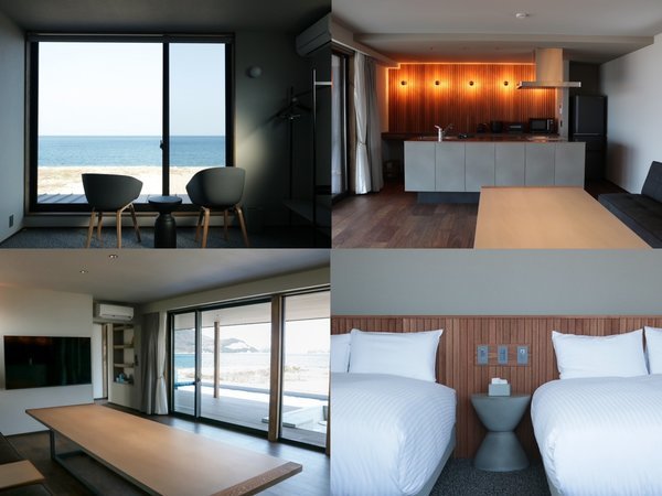 １階リビング、キッチン。２階寝室では瀬戸内海の景色をお楽しみいただけます。