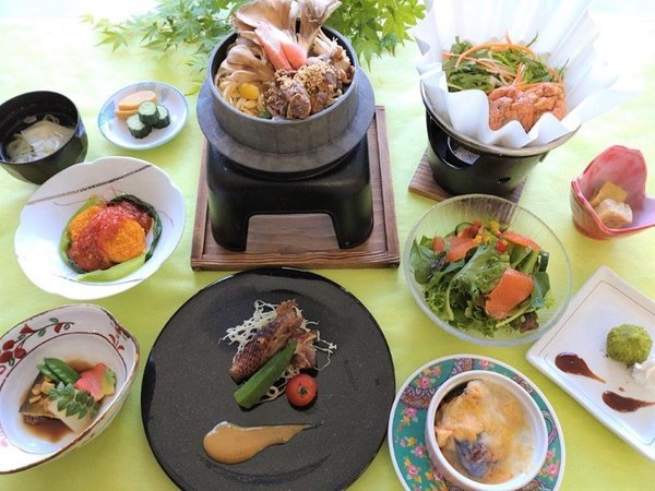 *夏の松コース／天ぷらやお刺身、季節により具材を変えて炊き立てで提供する釜飯もついてます♪
