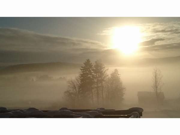 寒い日の早朝に宿泊棟から幻想的な風景が見られるかもしれません