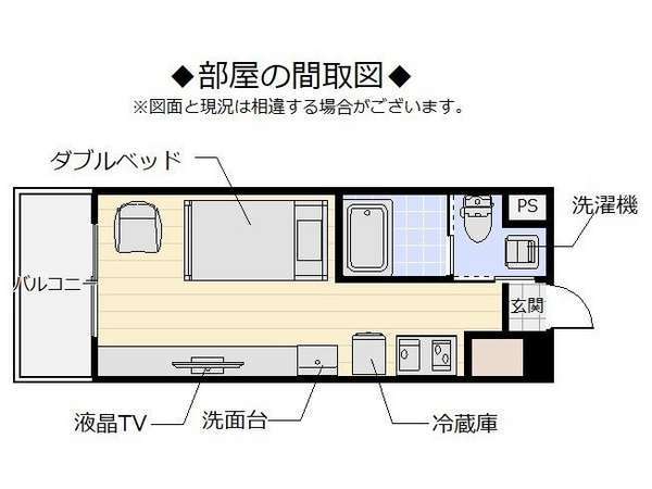 スタンダードのダブルルームです。家具家電ついています。