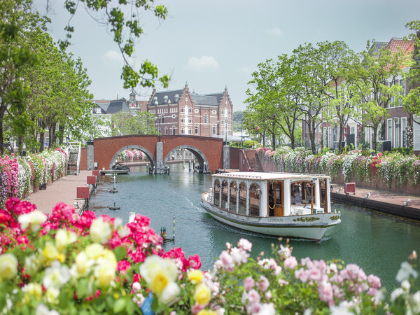 つるバラが華やかな水景を描き出す「バラの運河」は船上から楽しむのもおすすめ