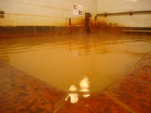循環ろ過・加水・塩素消毒の無い療養温泉。茶色く濁る単純炭酸鉄泉の湯は、冬の朝一番に金色の膜が広がる。