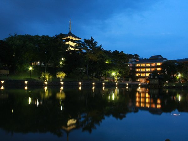 夜は猿沢池と興福寺五重塔がライトアップ。幻想的な夜のお散歩をお楽しみいただけます。