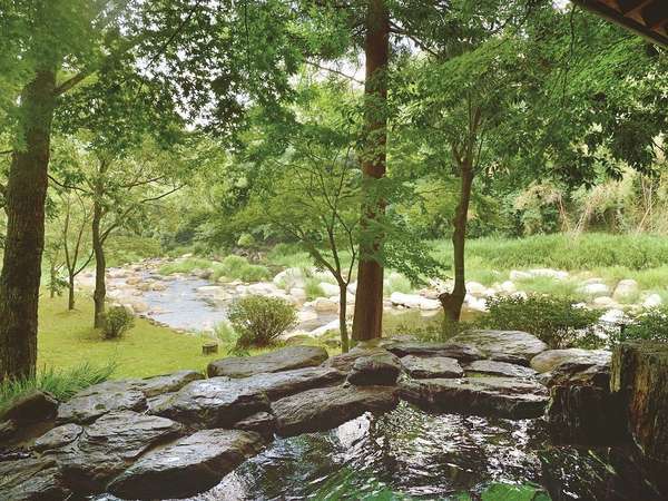手を伸ばせばすぐ届く所に森と川を臨める「感動露天風呂」は、大自然との対話を楽しんで頂けます。
