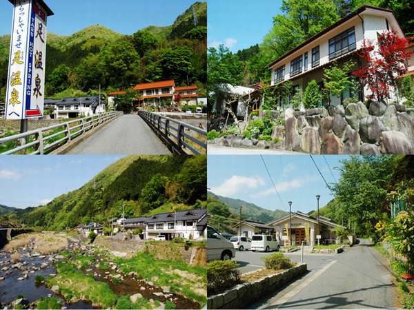 ■橋を渡り正面が当館■石垣の上に佇む■足温泉は川沿いに4件の旅館が並ぶ■当館から徒歩２分で足温泉館