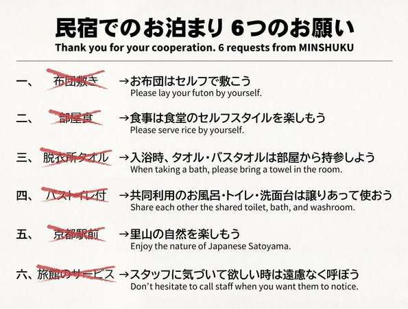 *【民宿でのお泊まり6つのお願い】お手頃な価格はお客様のご協力あってこそ。いつもありがとうございます