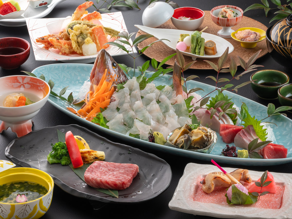 【夕食グレードアップ-優(Yu)会席-春イメージ】アコウ姿造り、金目鯛料理、黒毛和牛ステーキなど