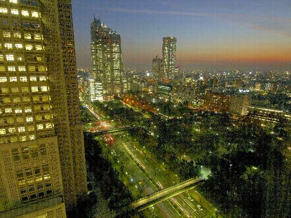 新宿中央公園側の客室から望む夜景。夕日が沈む時間帯もおすすめの絶景。
