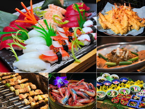 ディナーバイキング　和食一例　お寿司や天ぷら、焼き鳥、お刺身、小鉢など