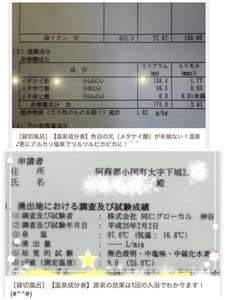 【貸切湯】成分表アルカリ塩泉・美肌になる成分pH9・美白になる成分メタケイ酸138