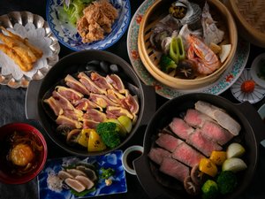 【夕食一例】「おおいた和牛」と「大分県産地鶏豊のしゃも」は九州を代表するお肉です