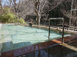 春・混浴野天風呂（福祉風呂）。ぬる湯の長湯が鹿教湯温泉の昔からの入浴法です。