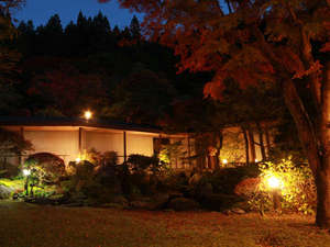 「彩る季の庭　薬王館」の夜は木々に照明が灯り幻想的に