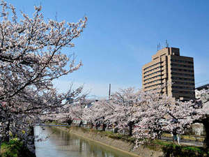「ホテルニューオータニ長岡」のホテル外観（長岡駅と反対側からの様子）春は、すぐ隣を流れる福島江沿いの桜並木がお勧めです。