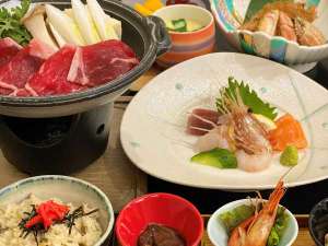 *お手軽ディナーコース（一例）/お刺身や天ぷら、道産牛のすき焼きなどをご用意いたします。