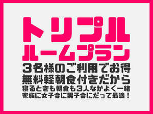 3人1部屋のプランです。追加ベッドはエキストラベッドでのご利用となります。