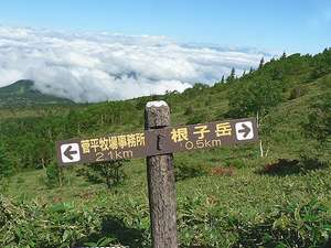 当館は根子・四阿の山道沿いで、登山には便利です。　根子岳まで５００ｍ、道標設置しています。