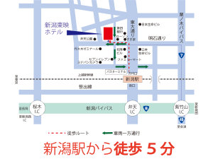 ［周辺詳細地図］　JR新潟駅（万代口）徒歩5分、観光出張の拠点として最適！コンビニ徒歩1分。
