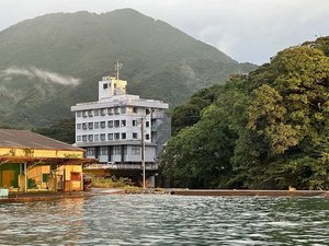 「ホテル　ビオラ」の尾鷲の魚市場からホテル遠景