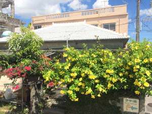 「ごーやー荘」の沖縄古民家の瓦屋根外観。緑の草花に囲まれて趣あります。