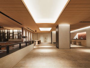 「リーガプレイス肥後橋（リーガロイヤルホテルグループ）」の【1階　ロビー】天井に木目調のデザインを施し、心地よさと上品さを演出。