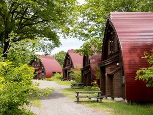 「なべくら高原・森の家」の緑に包まれた夏のコテージ