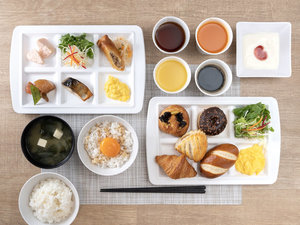 「炭酸泉　うたたねの湯　スーパーホテル東京・JR立川北口」の健康朝食盛り付けイメージ