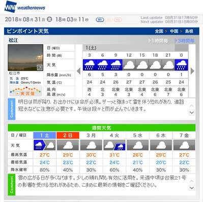 週間天気予報 9 1 9 7 島根県松江市 出雲 玉造温泉 白石家のお知らせ 宿泊予約は じゃらん