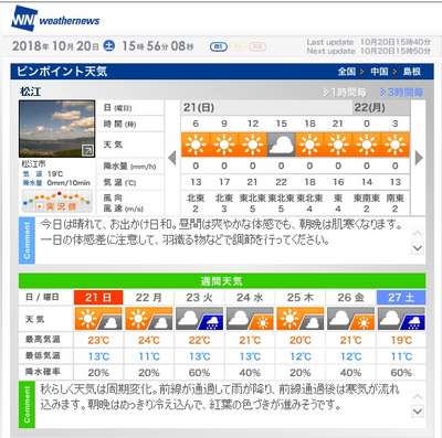 週間天気予報 10 21 10 27 島根県松江市 出雲 玉造温泉 白石家のお知らせ 宿泊予約は じゃらん