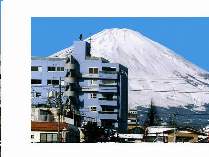 JR御殿場駅より富士山をバックに当HOTELビルを見る。いかにも中庭に富士山があるかのように見えます！