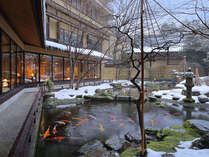【日本庭園 冬】ラウンジ前の庭園では色彩豊かな錦鯉が泳いでおります。