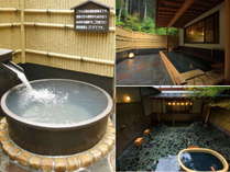 檜露天風呂と信楽焼の壷風呂。壷風呂は源泉そのままで、少しぬるめなのでこれからの季節は心地よいですね。