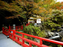 昭和25年に建造された朱塗りの橋を渡り「仙境野天風呂」へ