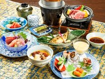 *【夏の夕食】「和牛と夏野菜の陶板焼き味噌ソース」「鮎の塩焼き」など旬の素材をお楽しみください。