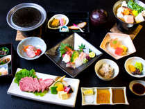 お造り7点盛りと神戸牛ステーキ付き会席料理。お魚好きにはおすすめです！