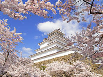 【鶴ヶ城】約1,000本のソメイヨシノが咲く桜の名所。見頃は例年4月中旬～下旬。（車で約60分）